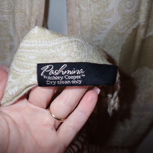 Pashmina by Ashley Cooper Scarf in Greenish Yellow and Beige with Design - Picture 2 of 3